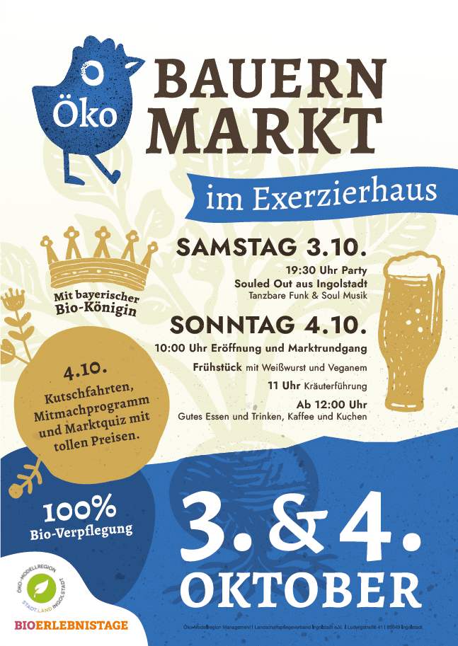 Plakat des Öko-Bauernmarktes in den Farben blau und Gold.